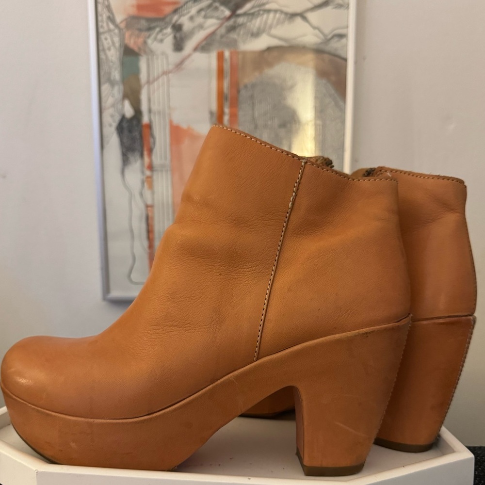 Kork-Ease Marlo platform booties in peach / natural Vachetta  leather